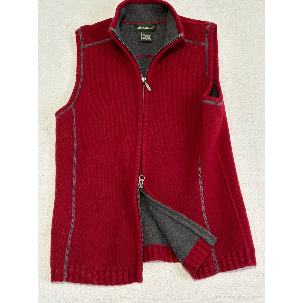 Eddie Bauer Red Cotton Lambswool Knit Full Zip Vest Mock quiet luxurySmall